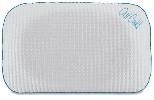 A white pillow with blue trim and the word " sleep ".