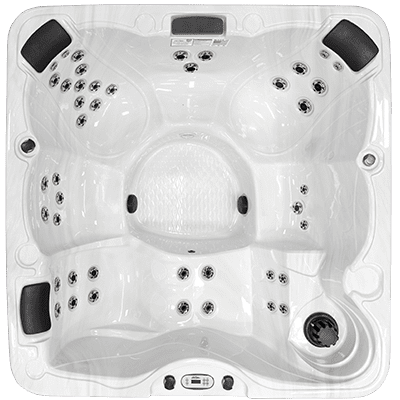 A white spa with black wheels and black knobs.