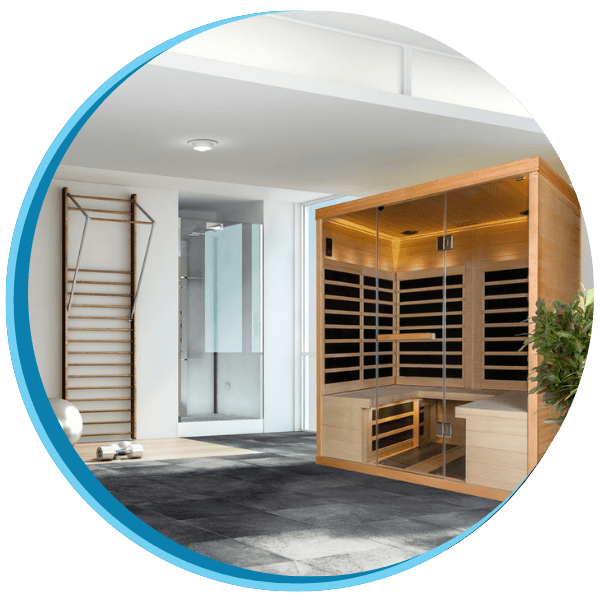 A view of a room with a sauna and shower.