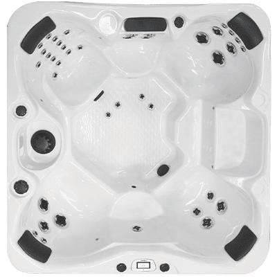 A white spa with black accents and a large bubble