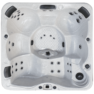 A white hot tub with black knobs and wheels.