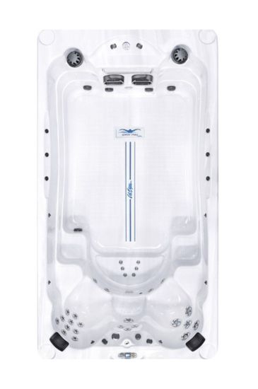 A white and blue jet tub with jets